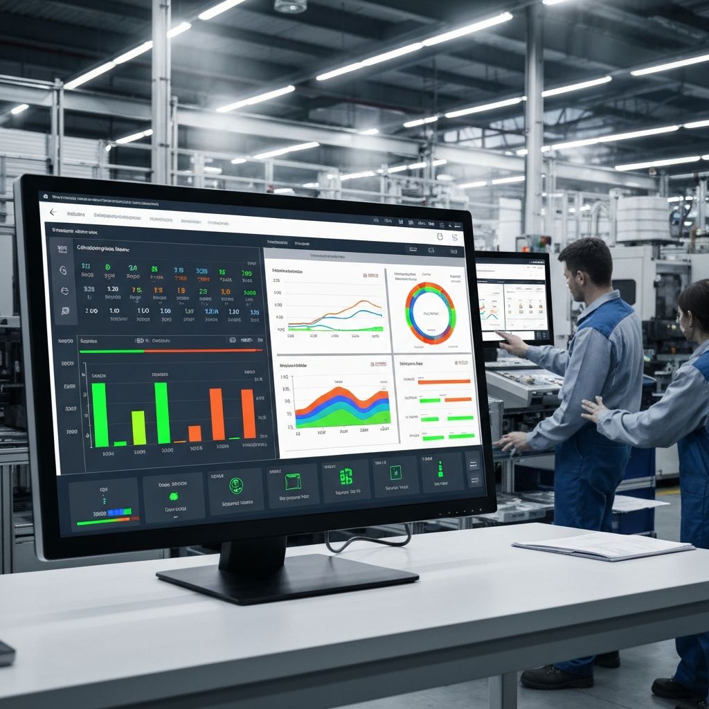 IoT manufacturing dashboard with real-time monitoring, predictive maintenance alerts, and factory equipment analytics